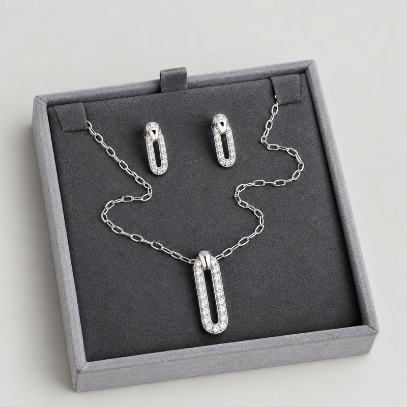 Parure argentée strass, maillons ovales